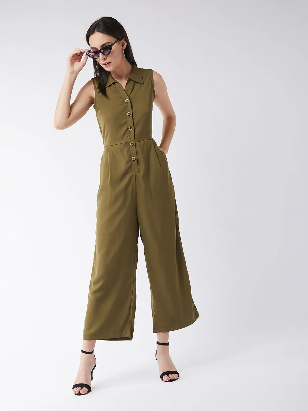 Women's Olive Green Solid Regular Length V - Neck Sleeveless Front Pleat Wide-Leg Jumpsuit
