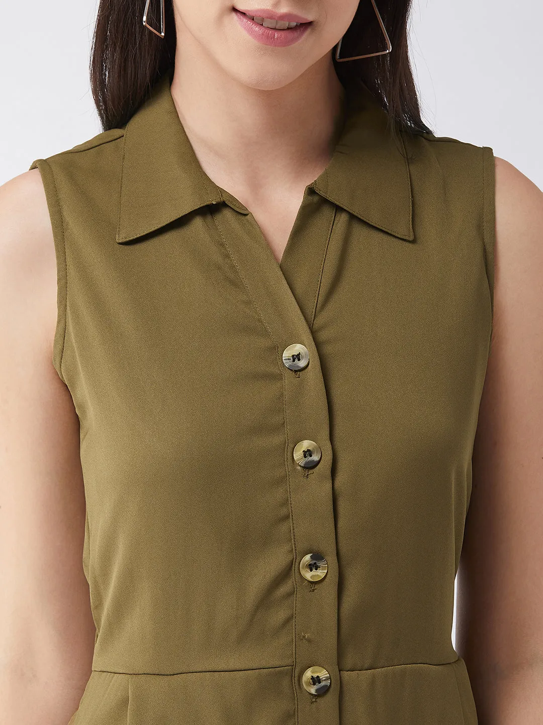 Women's Olive Green Solid Regular Length V - Neck Sleeveless Front Pleat Wide-Leg Jumpsuit