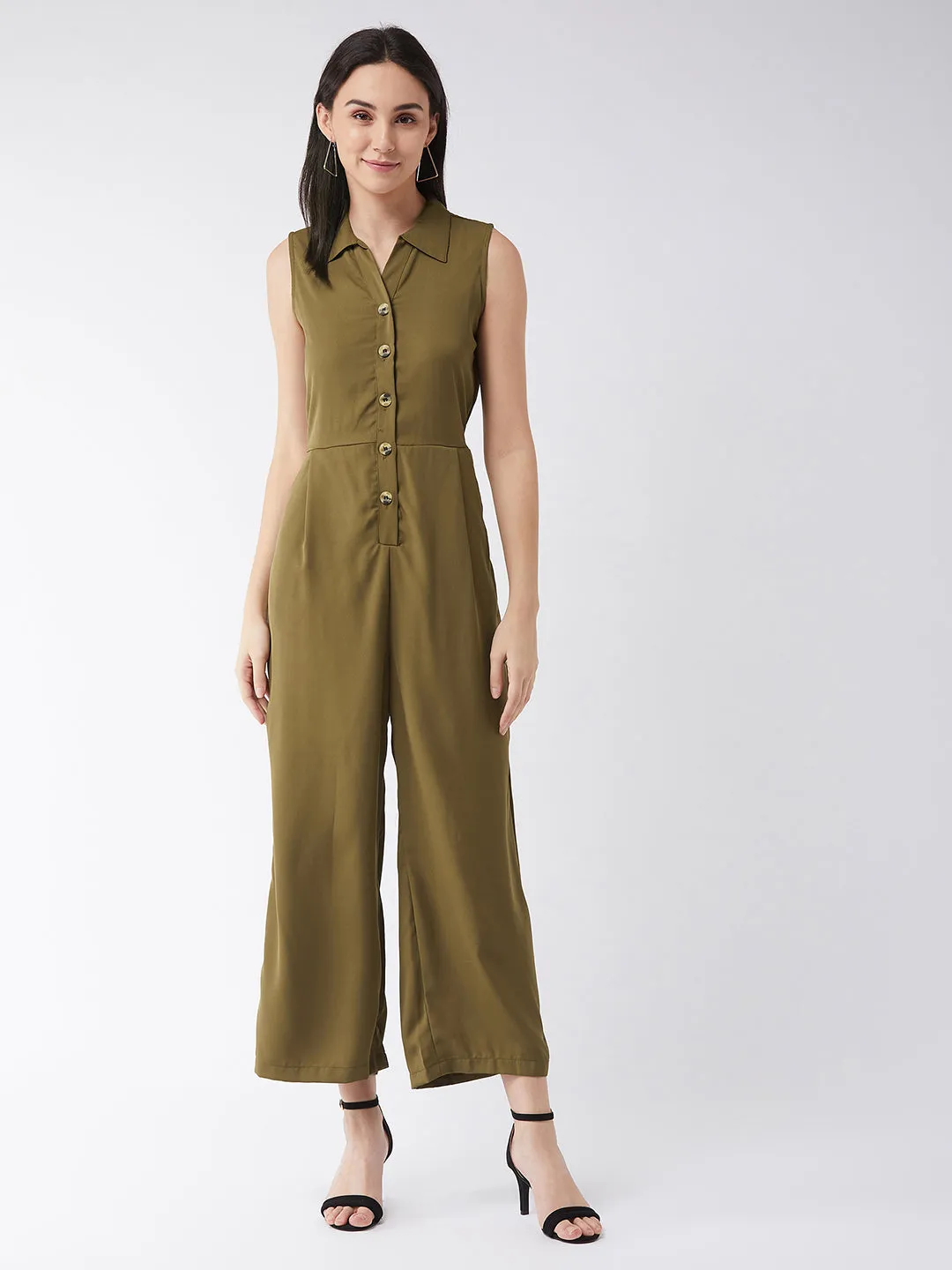 Women's Olive Green Solid Regular Length V - Neck Sleeveless Front Pleat Wide-Leg Jumpsuit