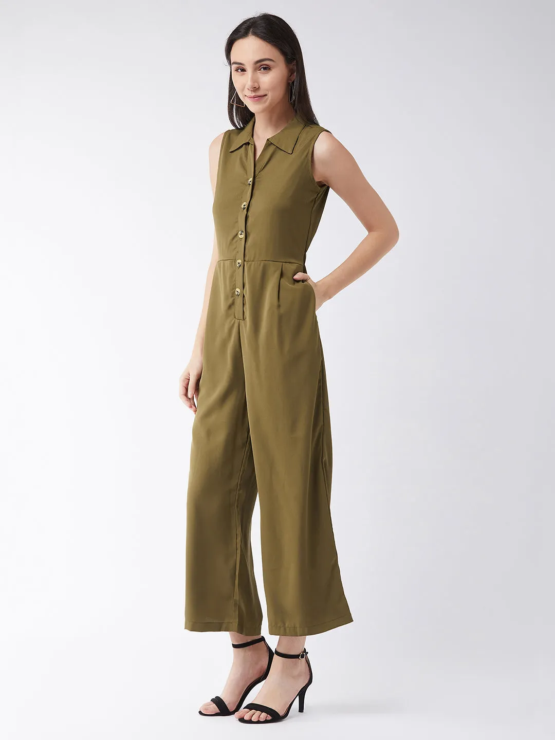 Women's Olive Green Solid Regular Length V - Neck Sleeveless Front Pleat Wide-Leg Jumpsuit