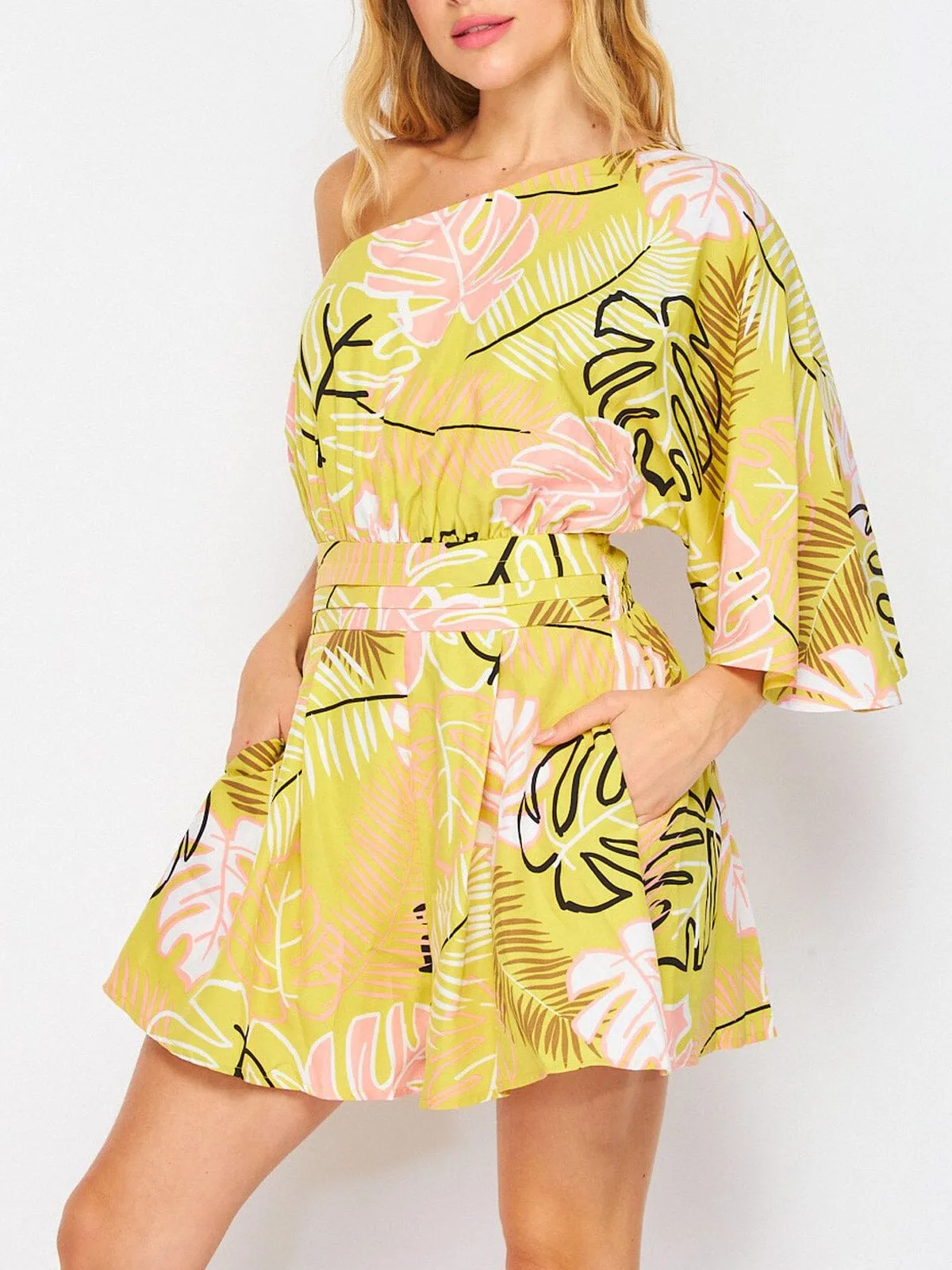 WOMEN'S ONE SHOULDER POCKETS LEAF PRINT ROMPER