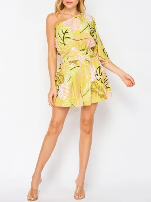 WOMEN'S ONE SHOULDER POCKETS LEAF PRINT ROMPER