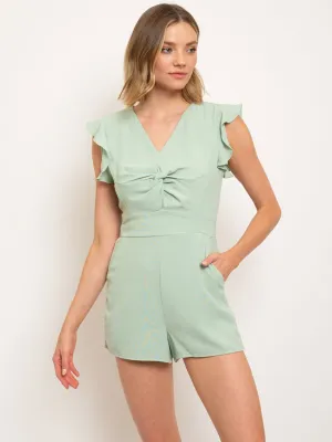 WOMEN'S RUFFLED SHORT LEEVE FRONT TWISTED POCKETS ROMPER