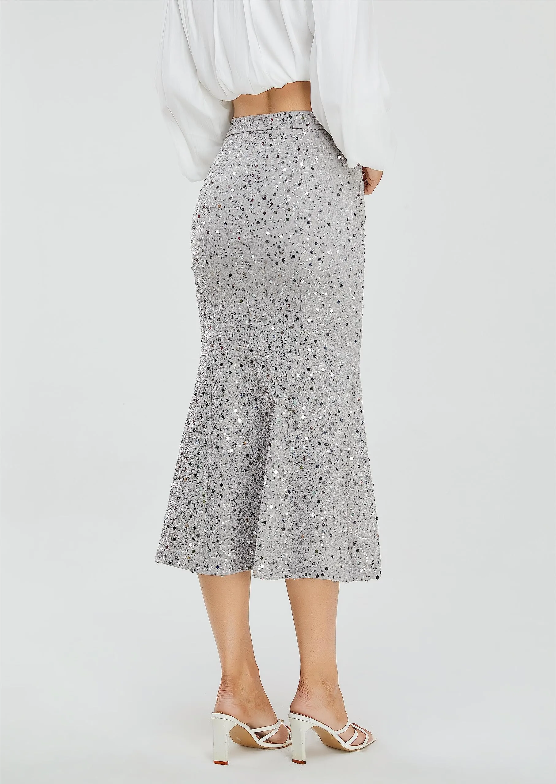 Women's Sequin Skirt Sparkle Stretchy Bodycon Midi Mermaid Skirt Formal Skirts Night Out Party Silver