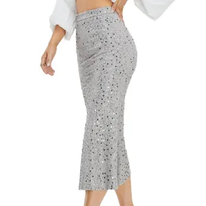 Women's Sequin Skirt Sparkle Stretchy Bodycon Midi Mermaid Skirt Formal Skirts Night Out Party Silver