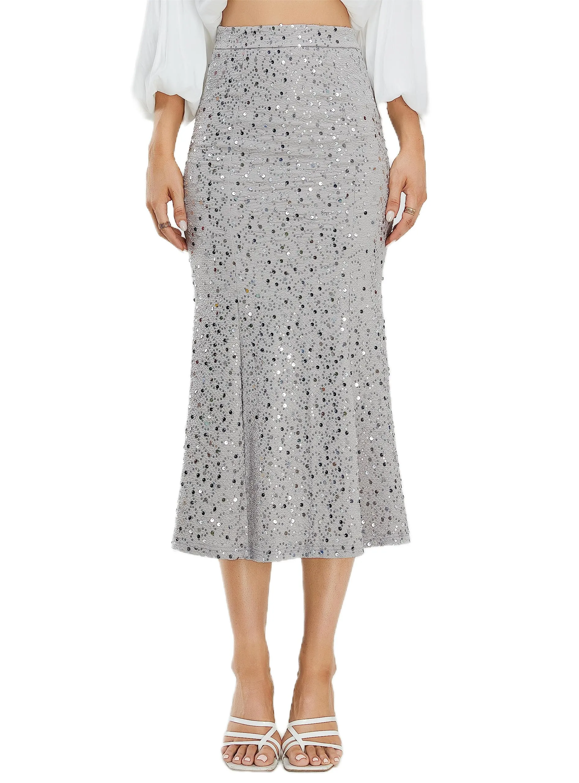Women's Sequin Skirt Sparkle Stretchy Bodycon Midi Mermaid Skirt Formal Skirts Night Out Party Silver