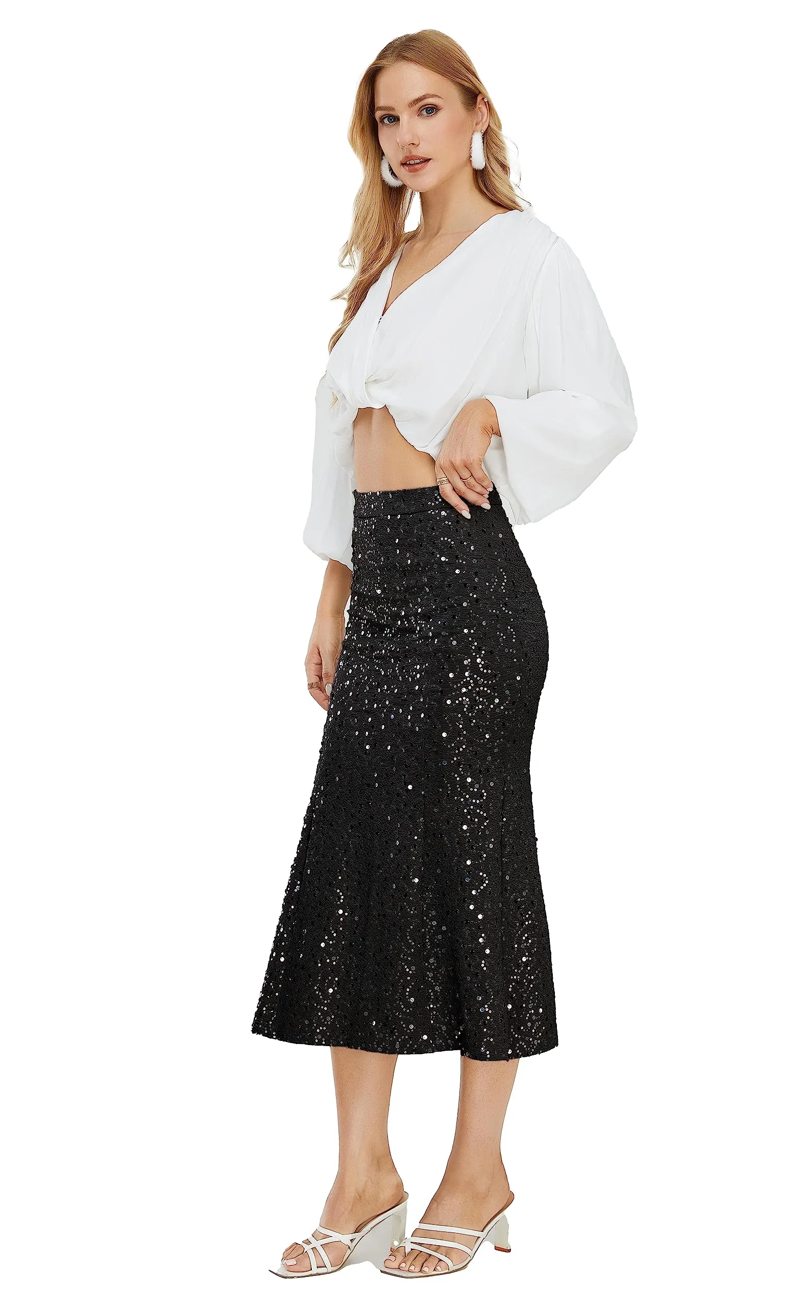 Women's Sequin Skirt Sparkle Stretchy Bodycon Midi Mermaid Skirt Formal Skirts Night Out Party Silver