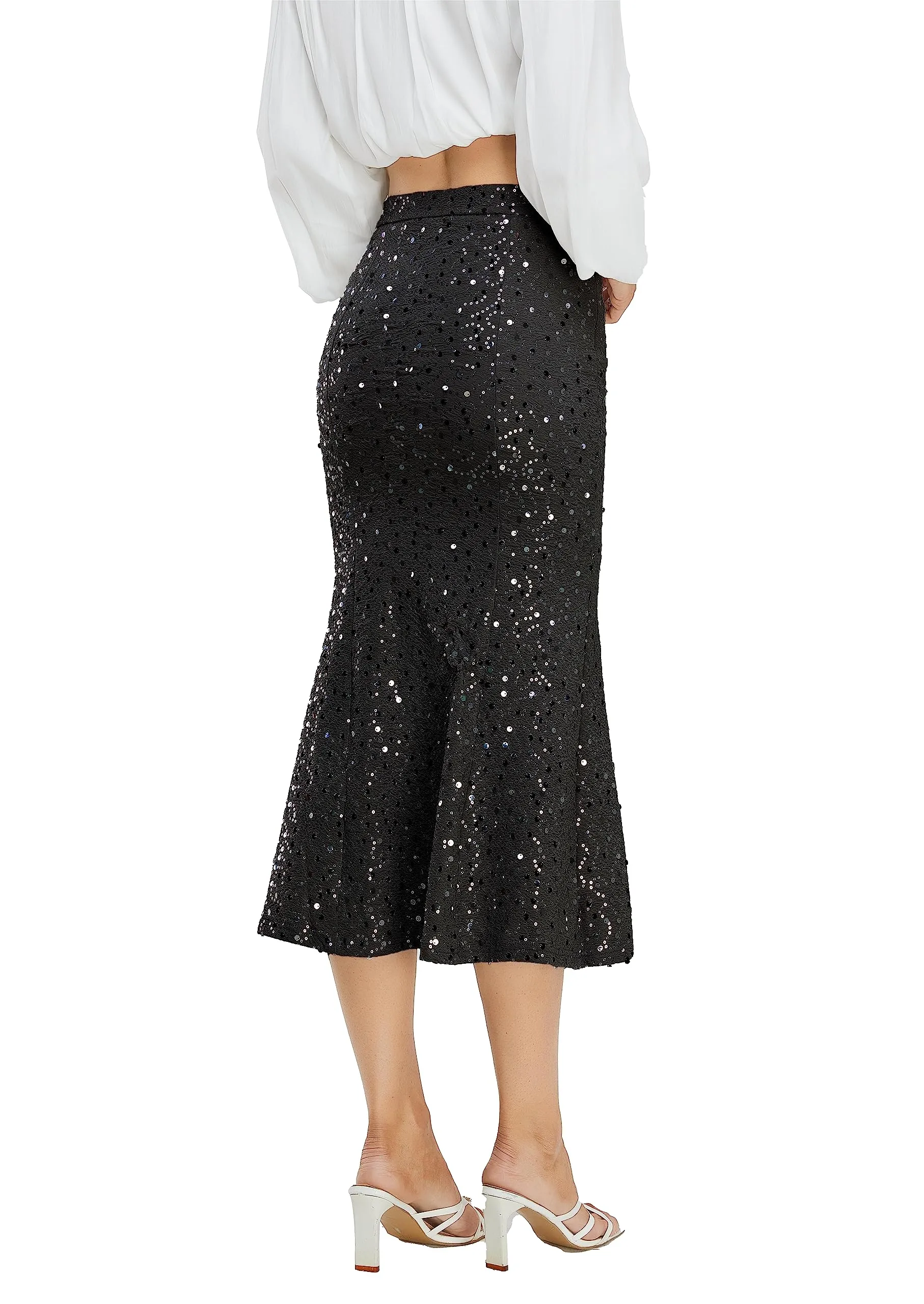 Women's Sequin Skirt Sparkle Stretchy Bodycon Midi Mermaid Skirt Formal Skirts Night Out Party Silver