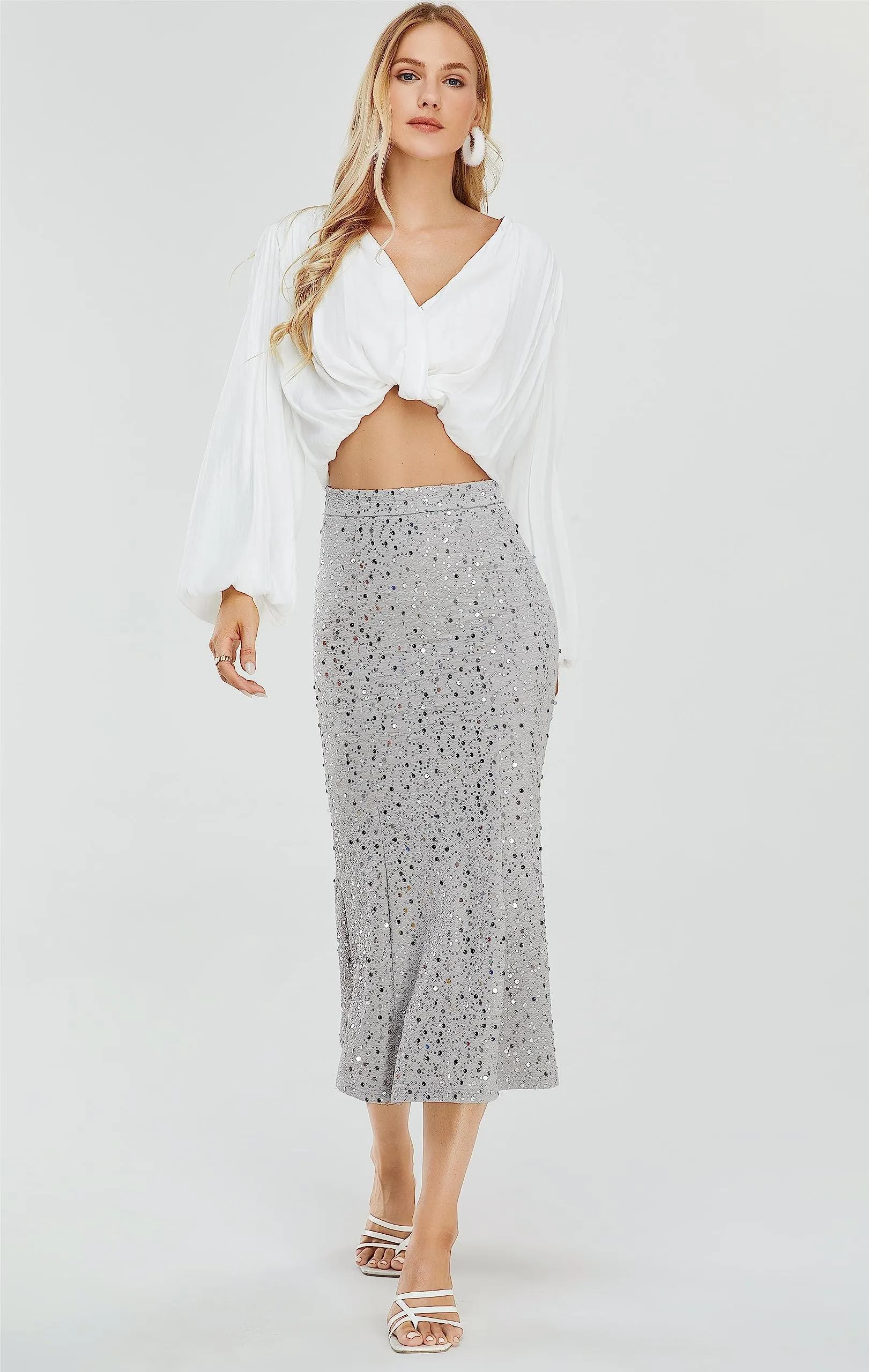 Women's Sequin Skirt Sparkle Stretchy Bodycon Midi Mermaid Skirt Formal Skirts Night Out Party Silver
