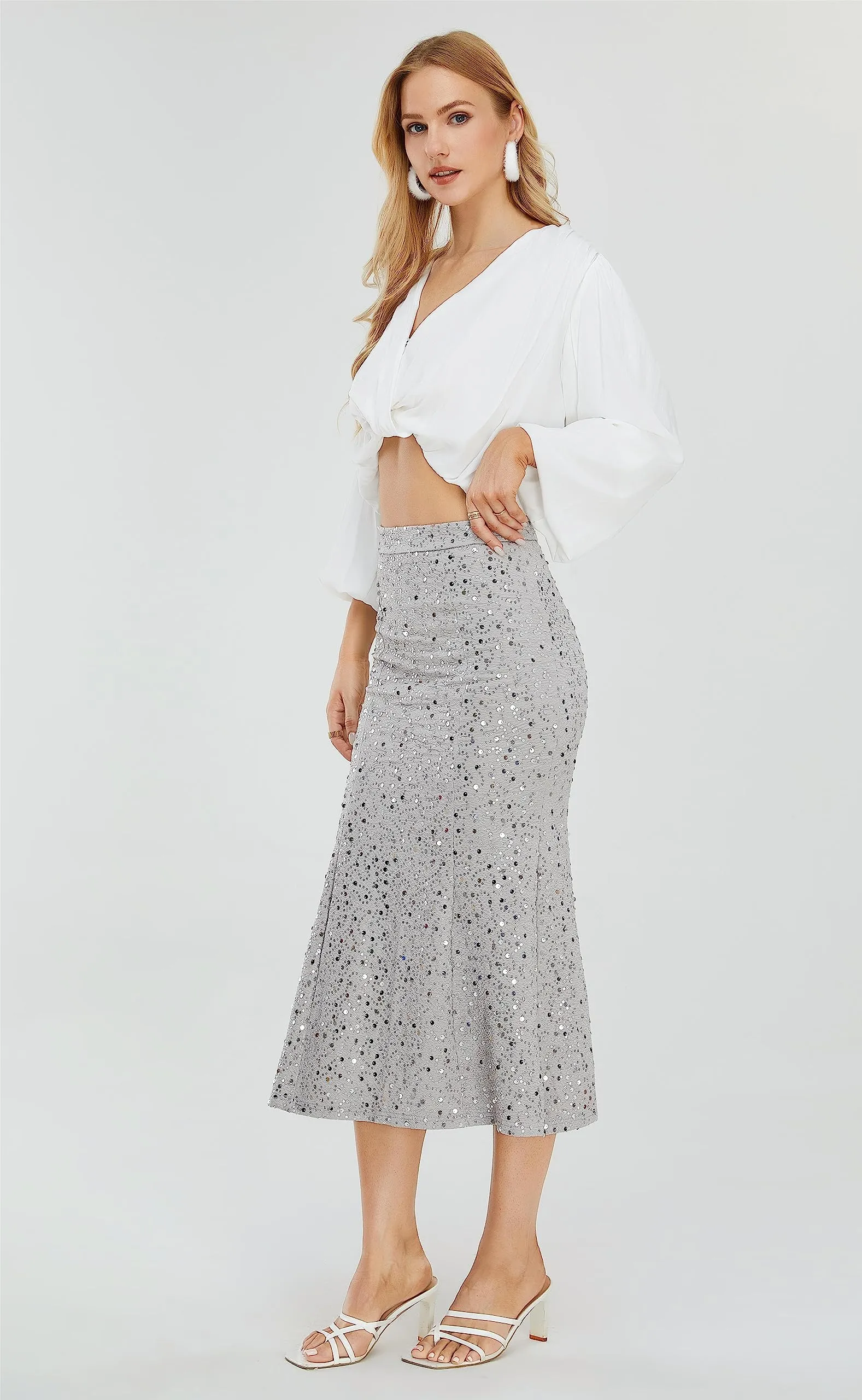 Women's Sequin Skirt Sparkle Stretchy Bodycon Midi Mermaid Skirt Formal Skirts Night Out Party Silver