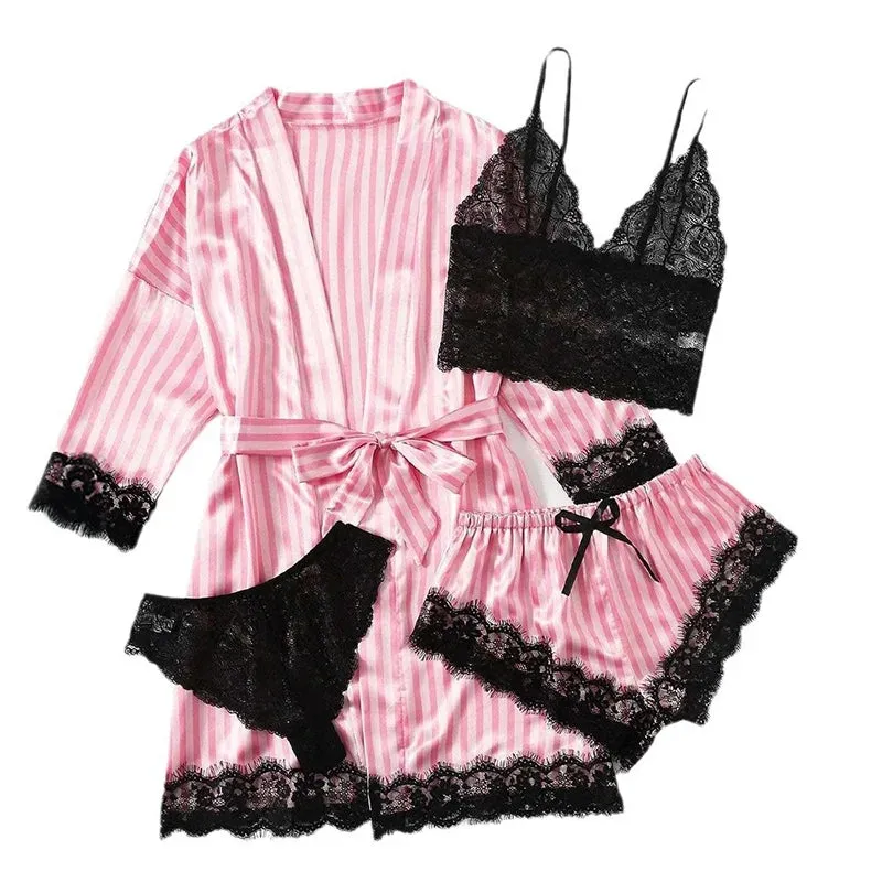 Women's Sexy Lace Trim Faux Silk Satin Pajama Set - Skin Friendly Comfort Loungewear