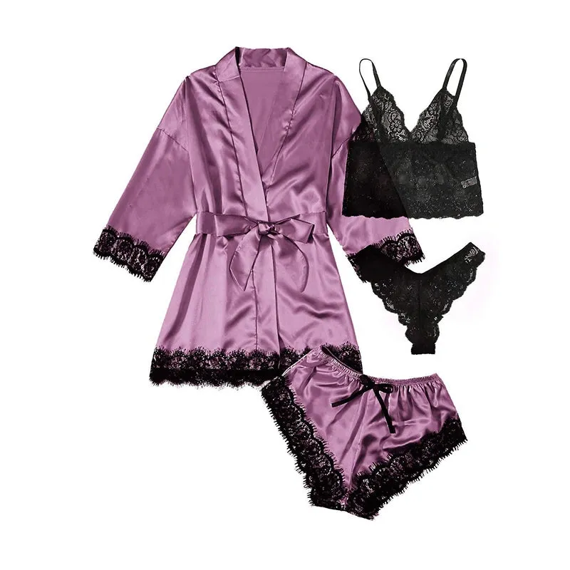 Women's Sexy Lace Trim Faux Silk Satin Pajama Set - Skin Friendly Comfort Loungewear