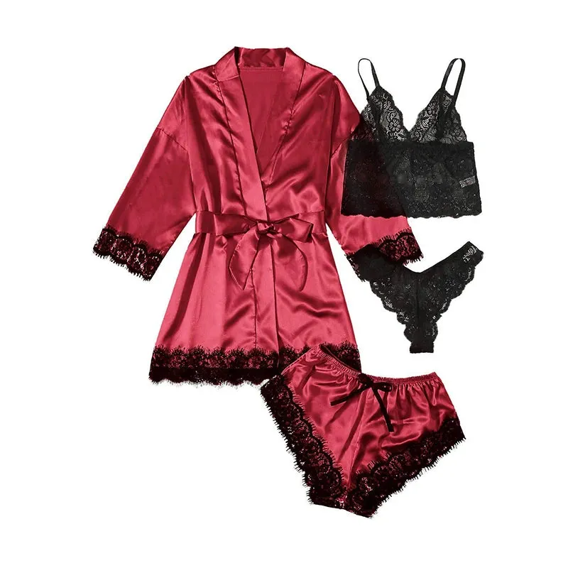 Women's Sexy Lace Trim Faux Silk Satin Pajama Set - Skin Friendly Comfort Loungewear