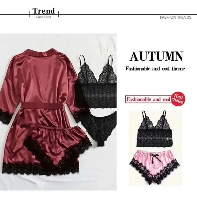Women's Sexy Lace Trim Faux Silk Satin Pajama Set - Skin Friendly Comfort Loungewear