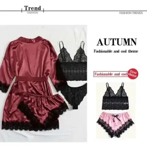 Women's Sexy Lace Trim Faux Silk Satin Pajama Set - Skin Friendly Comfort Loungewear