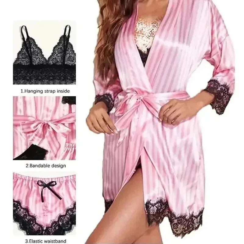 Women's Sexy Lace Trim Faux Silk Satin Pajama Set - Skin Friendly Comfort Loungewear