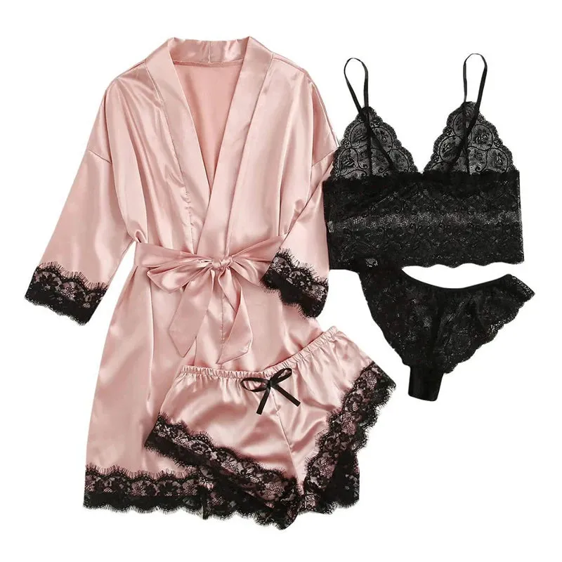 Women's Sexy Lace Trim Faux Silk Satin Pajama Set - Skin Friendly Comfort Loungewear
