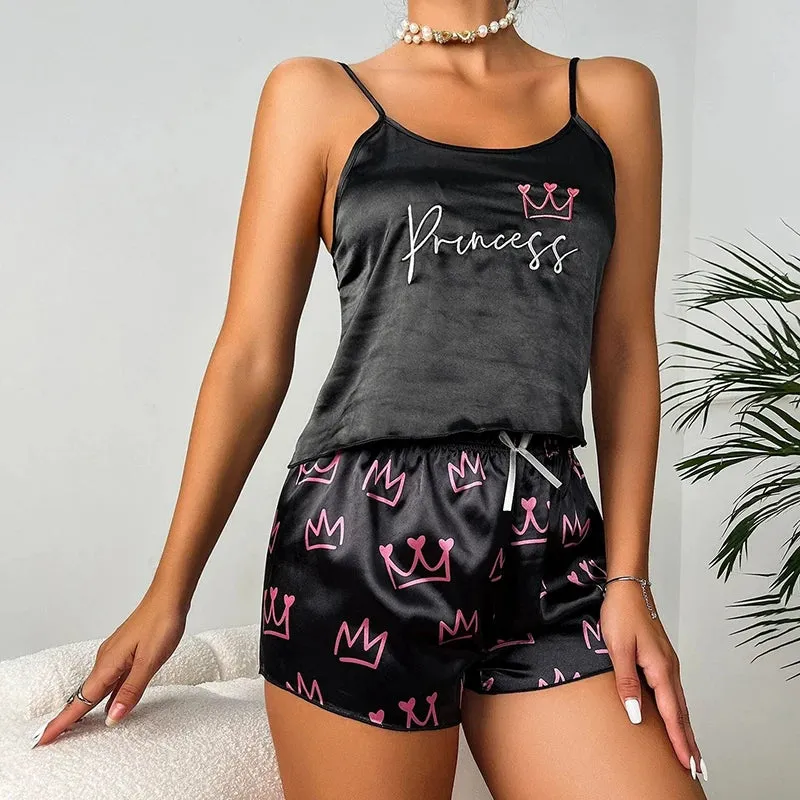 Women's Sexy Pajama Set 2 Pieces Sleepwear V Neck Pyjamas Silk Satin Cami Top And Shorts Pajamas for Ladies Nightwear Loungewear