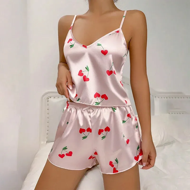 Women's Sexy Pajama Set 2 Pieces Sleepwear V Neck Pyjamas Silk Satin Cami Top And Shorts Pajamas for Ladies Nightwear Loungewear