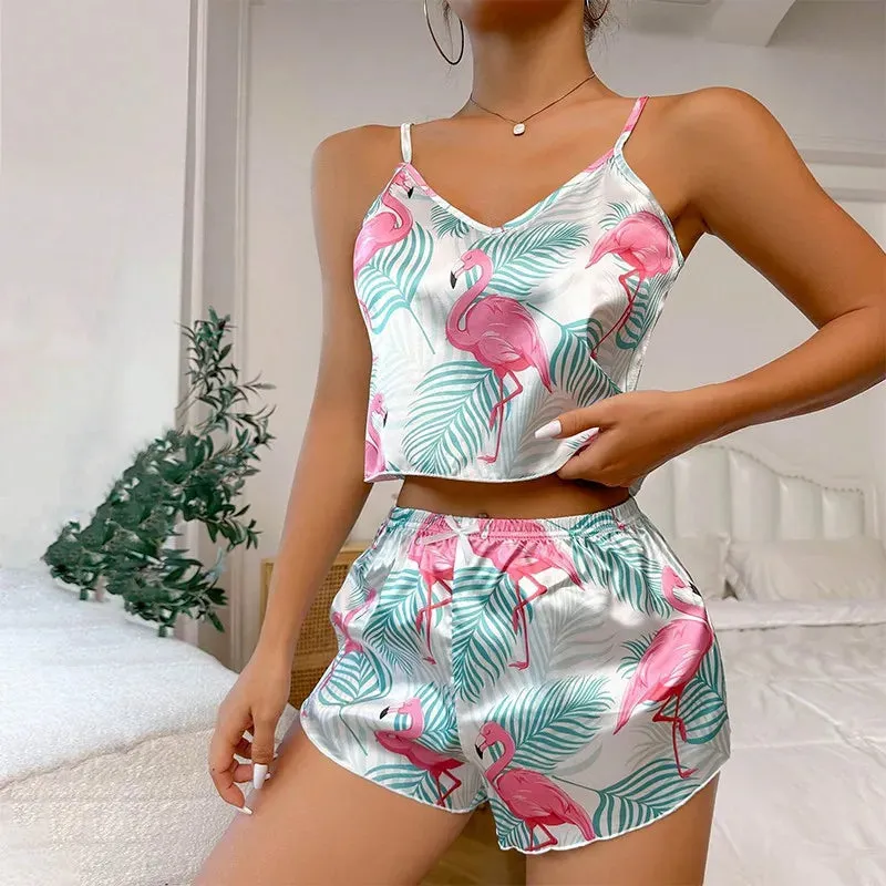 Women's Sexy Pajama Set 2 Pieces Sleepwear V Neck Pyjamas Silk Satin Cami Top And Shorts Pajamas for Ladies Nightwear Loungewear