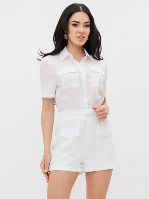 WOMEN'S SHORT PUFF SLEEVES BUTTON UP POCKETS SELF TIE ROMPER