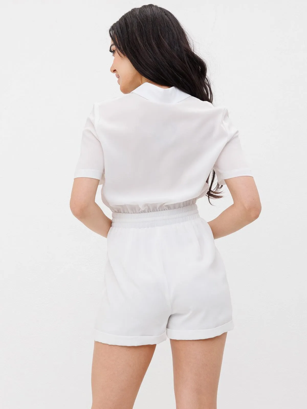 WOMEN'S SHORT PUFF SLEEVES BUTTON UP POCKETS SELF TIE ROMPER
