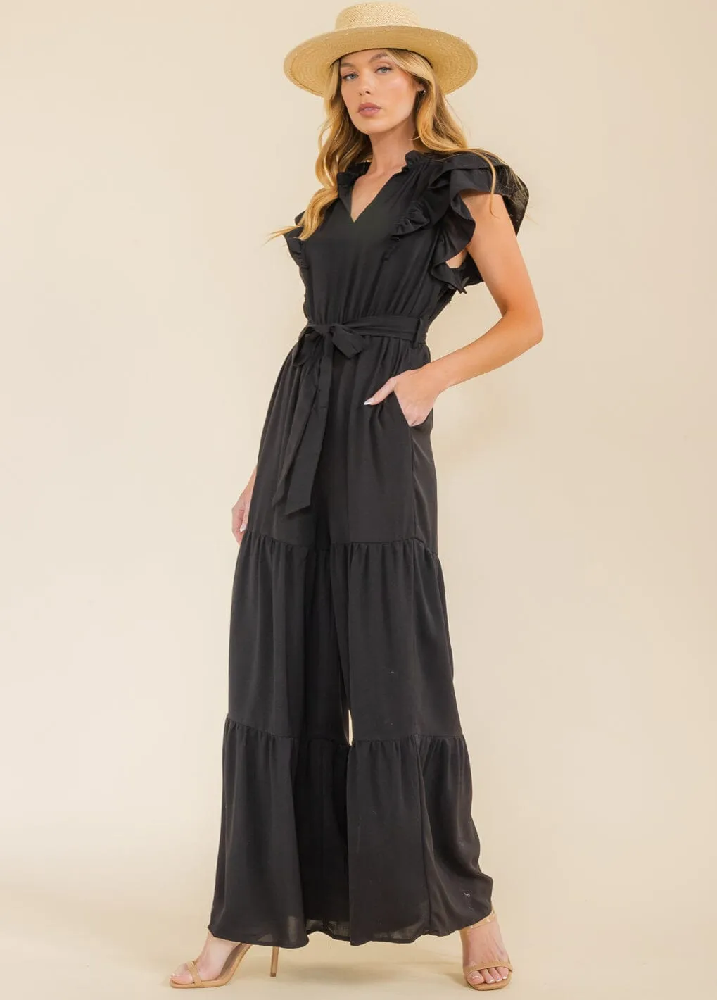WOMEN'S SHORT RUFFLE SLEEVE V-NECK FRONT POCKETS WIDE LEG JUMPSUIT