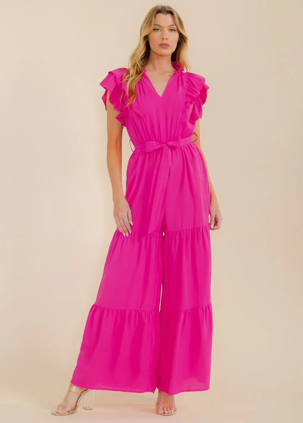 WOMEN'S SHORT RUFFLE SLEEVE V-NECK FRONT POCKETS WIDE LEG JUMPSUIT
