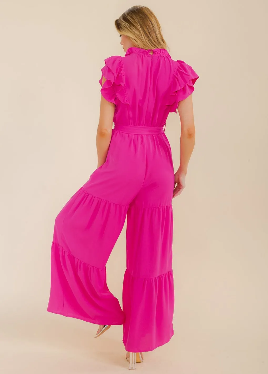 WOMEN'S SHORT RUFFLE SLEEVE V-NECK FRONT POCKETS WIDE LEG JUMPSUIT