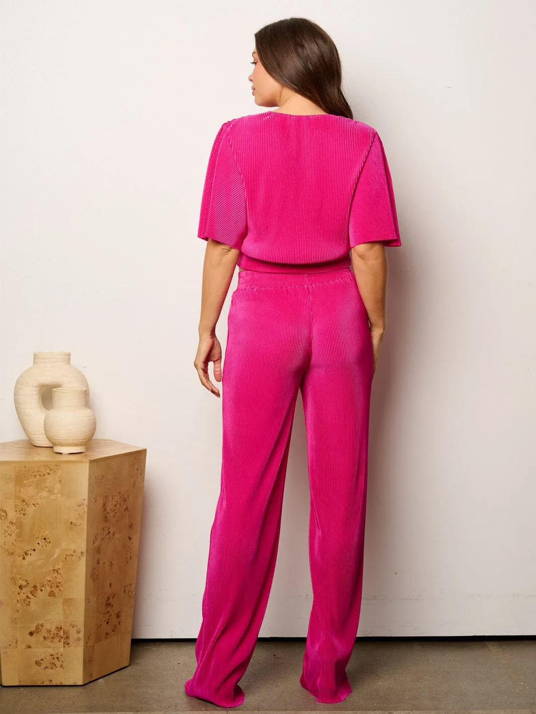 WOMEN'S SHORT SLEEVE SURPLICE TOP & WIDE LEG PANTS 2PC PLEATED SET