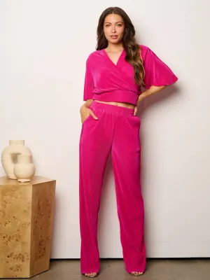 WOMEN'S SHORT SLEEVE SURPLICE TOP & WIDE LEG PANTS 2PC PLEATED SET
