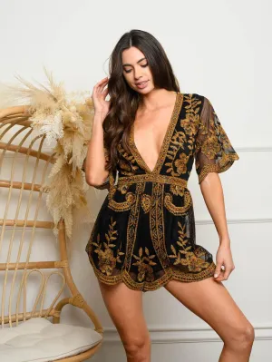 WOMEN'S SHORT SLEEVE V-NECK LACE OVERLAY ROMPER