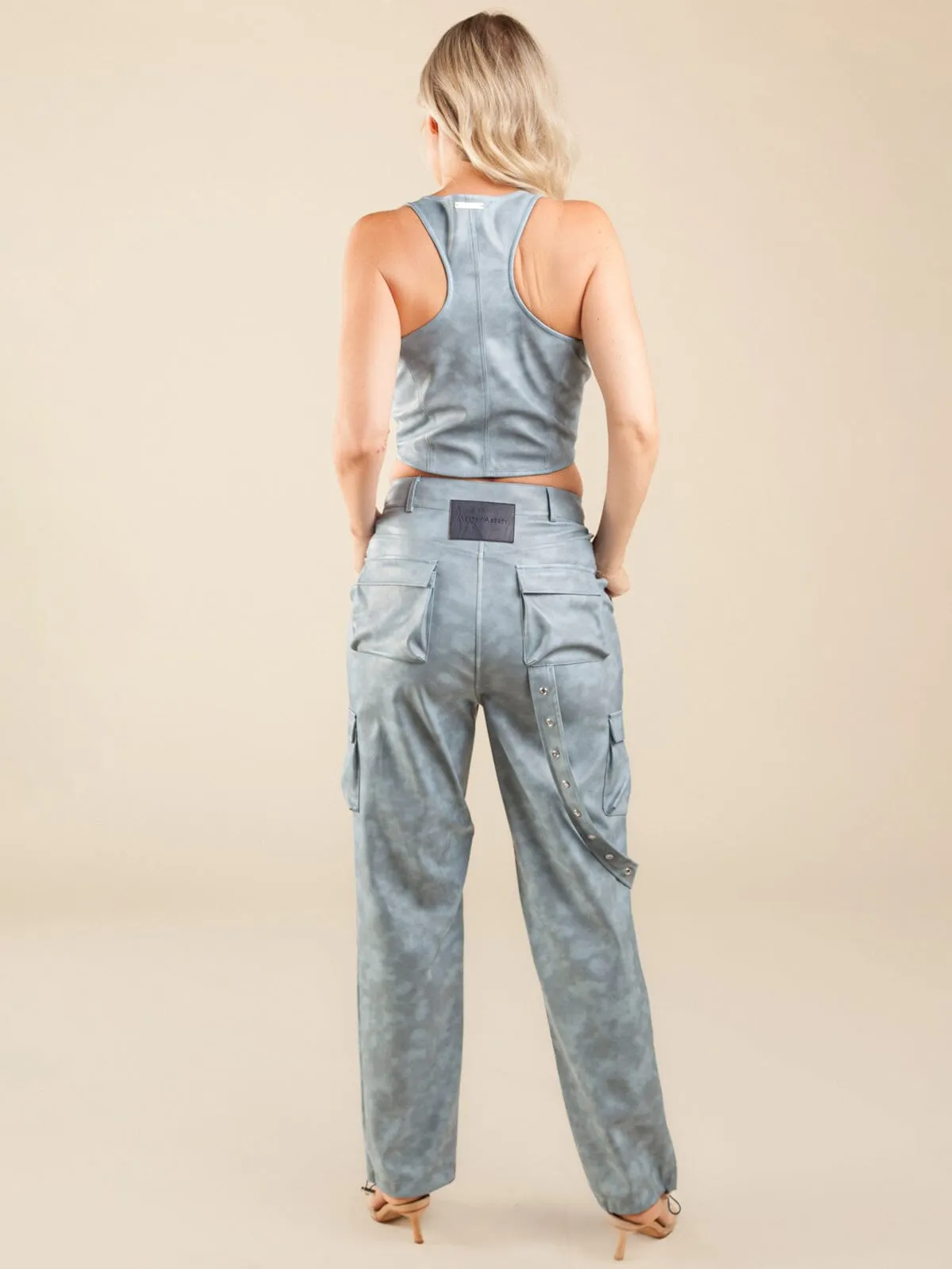 WOMEN'S SLEEVELESS CROP TOP & WIDE LEG PANTS PU PLEATHER 2PC SET