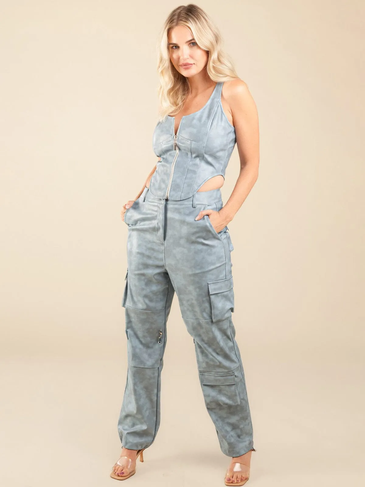 WOMEN'S SLEEVELESS CROP TOP & WIDE LEG PANTS PU PLEATHER 2PC SET