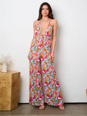 WOMEN'S SLEEVELESS V-NECK OPEN BACK MULTI PRINT JUMPSUIT
