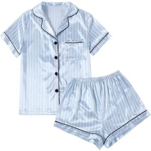 Women's Striped Silky Satin Pajamas Short Sleeve Top