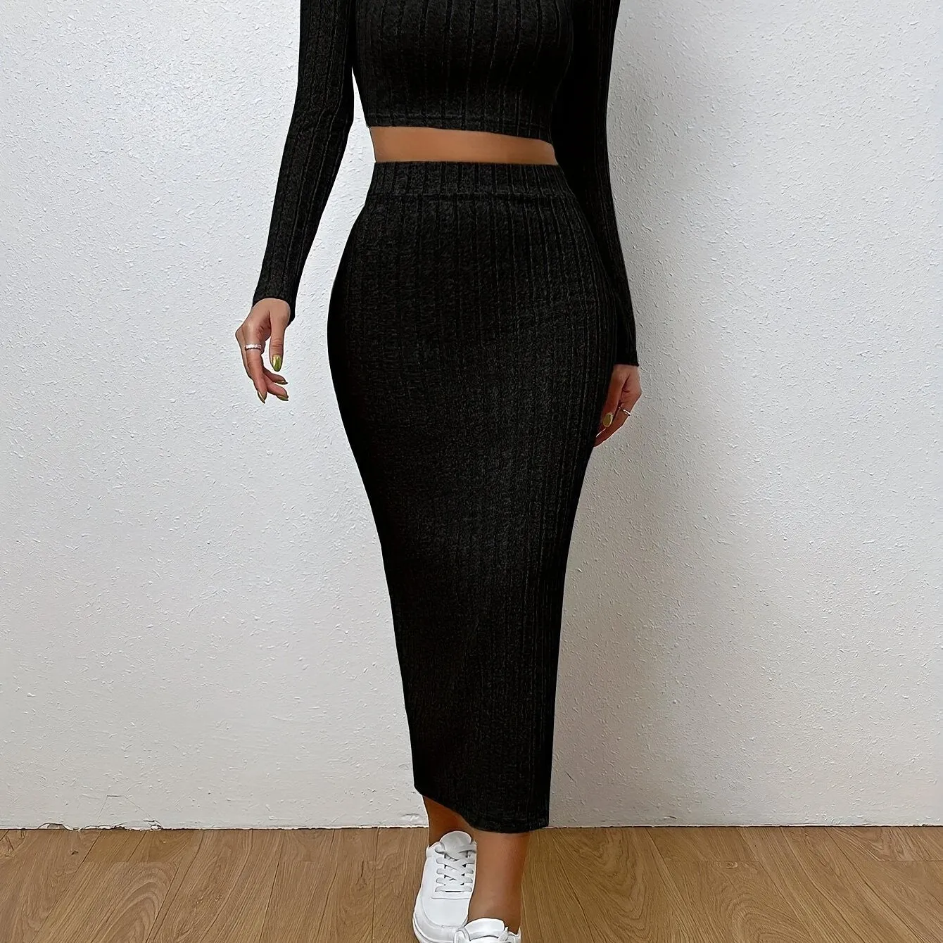 xieyinshe  Ribbed Knitted Two-piece Skirt Set, Crew Neck Long Sleeve Crop Top & Bodycon Skirts Outfits, Women's Clothing