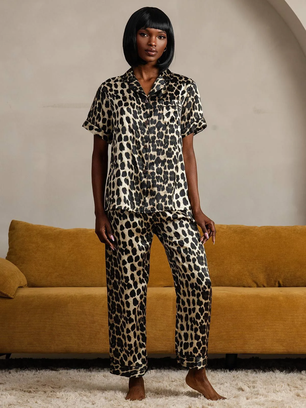 Zuivere Zijde Luipaardprint Korte Mouw Broek Pyjamas