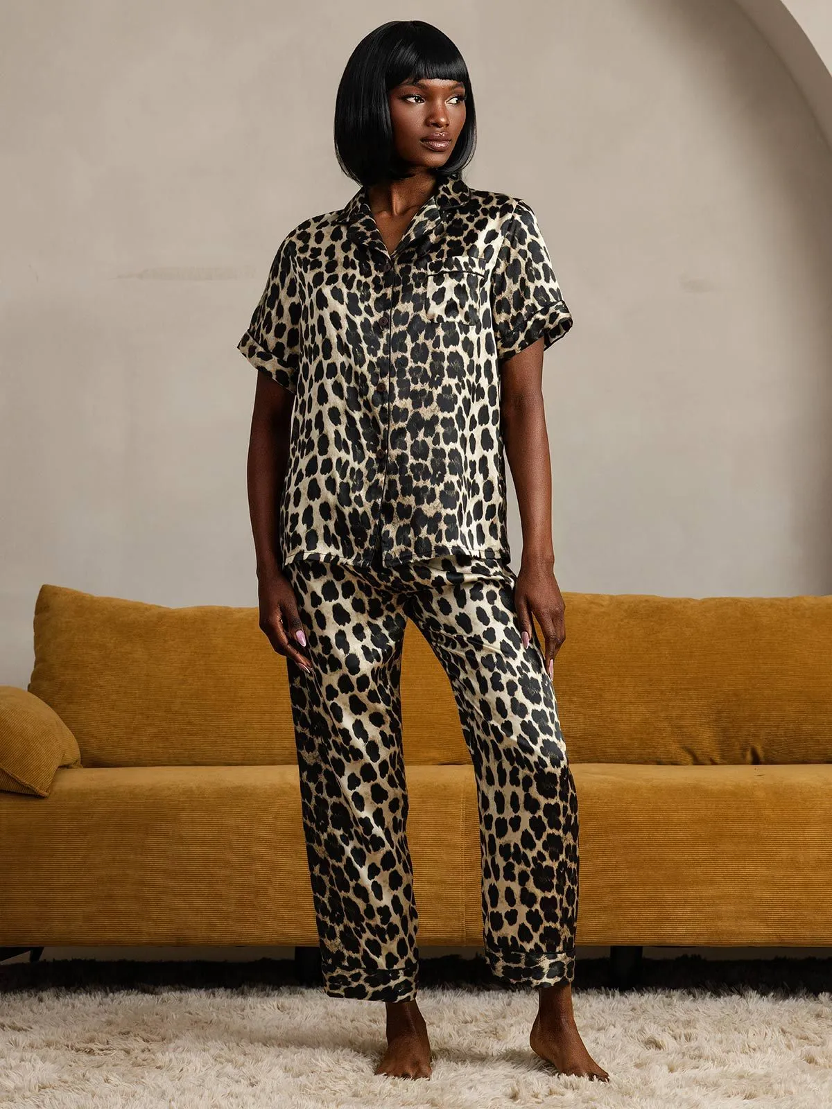 Zuivere Zijde Luipaardprint Korte Mouw Broek Pyjamas
