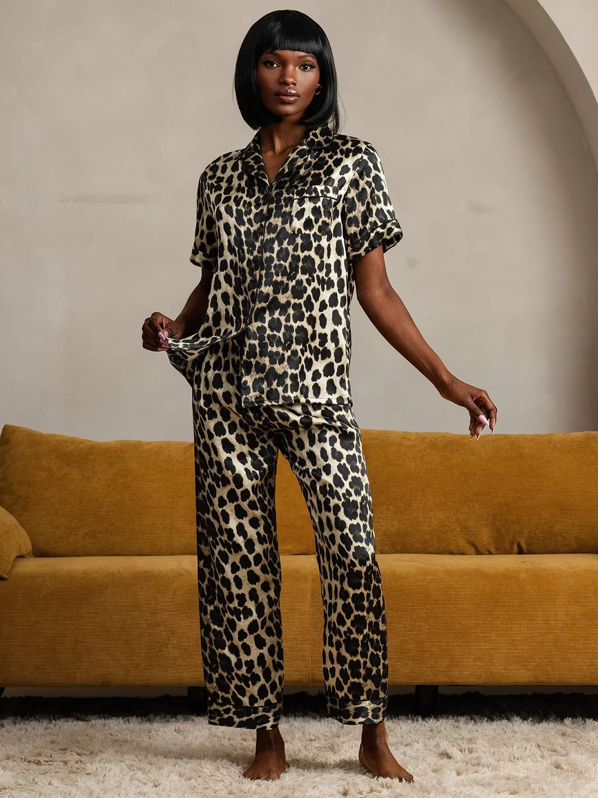 Zuivere Zijde Luipaardprint Korte Mouw Broek Pyjamas
