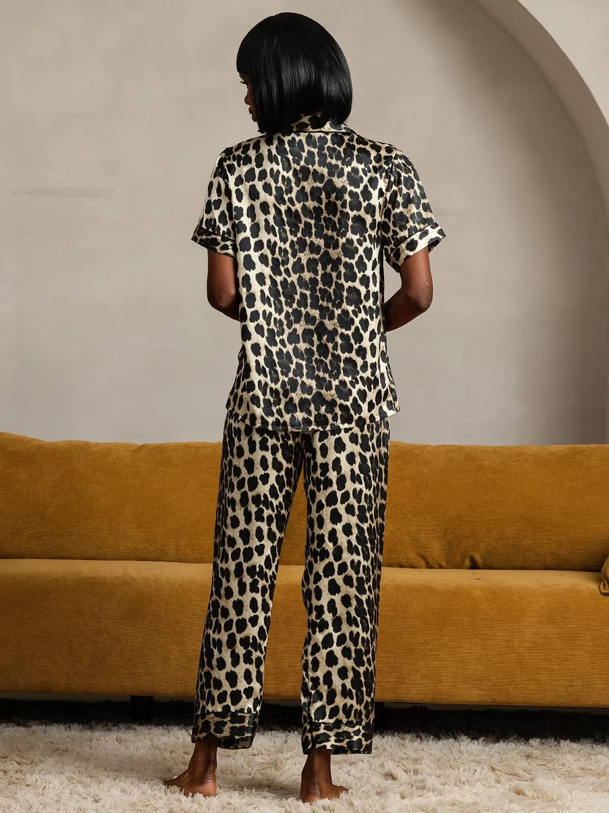 Zuivere Zijde Luipaardprint Korte Mouw Broek Pyjamas