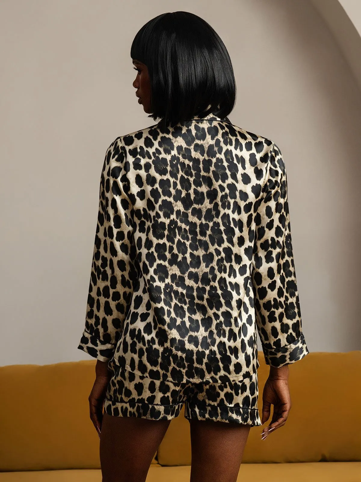 Zuivere Zijde Luipaardprint Lange Mouw Shorts Pyjama Set
